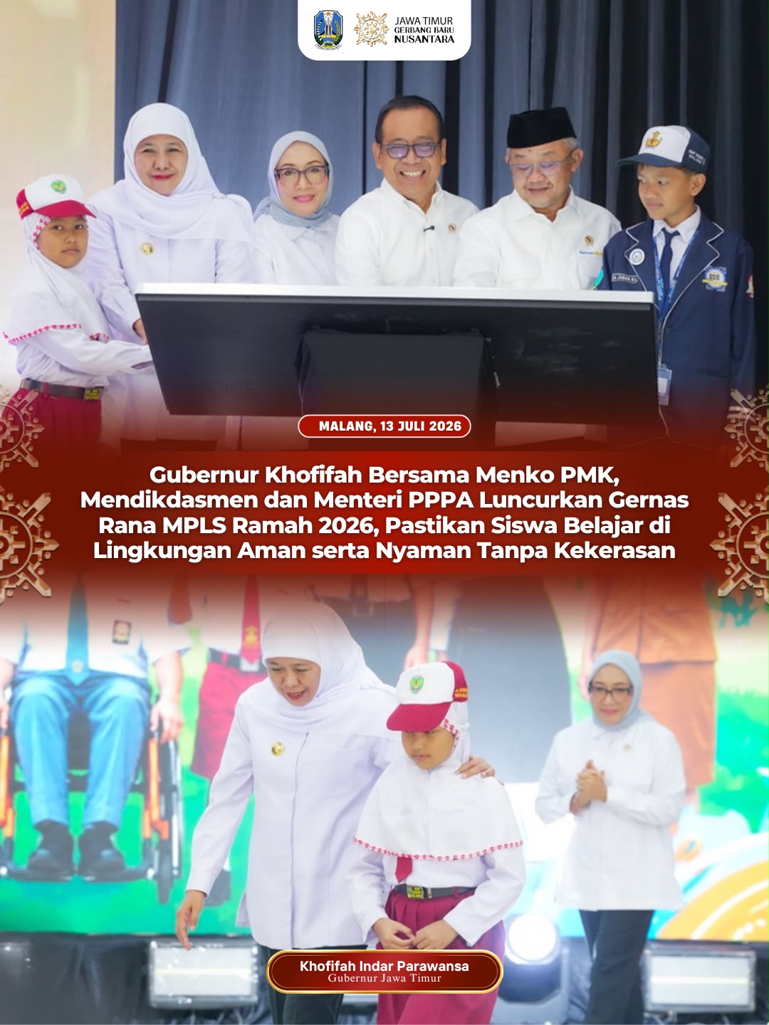 Bersama Menko PMK, Mendikdasmen, dan Menteri PPPA, Gubernur Khofifah Perkuat Komitmen Perlindungan Anak melalui Gernas Rana