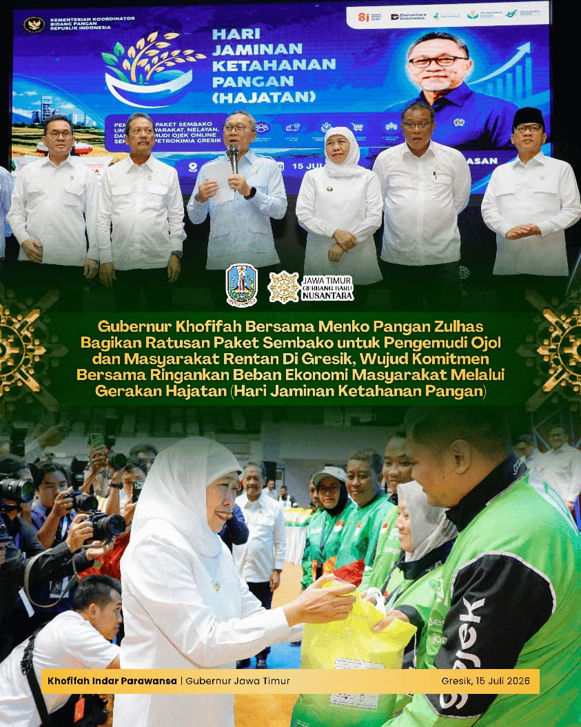 Gubernur Khofifah Bersama Menko Pangan Zulhas Salurkan 600 Paket Sembako untuk Ojol, Nelayan, dan Masyarakat Rentan di Gresik
