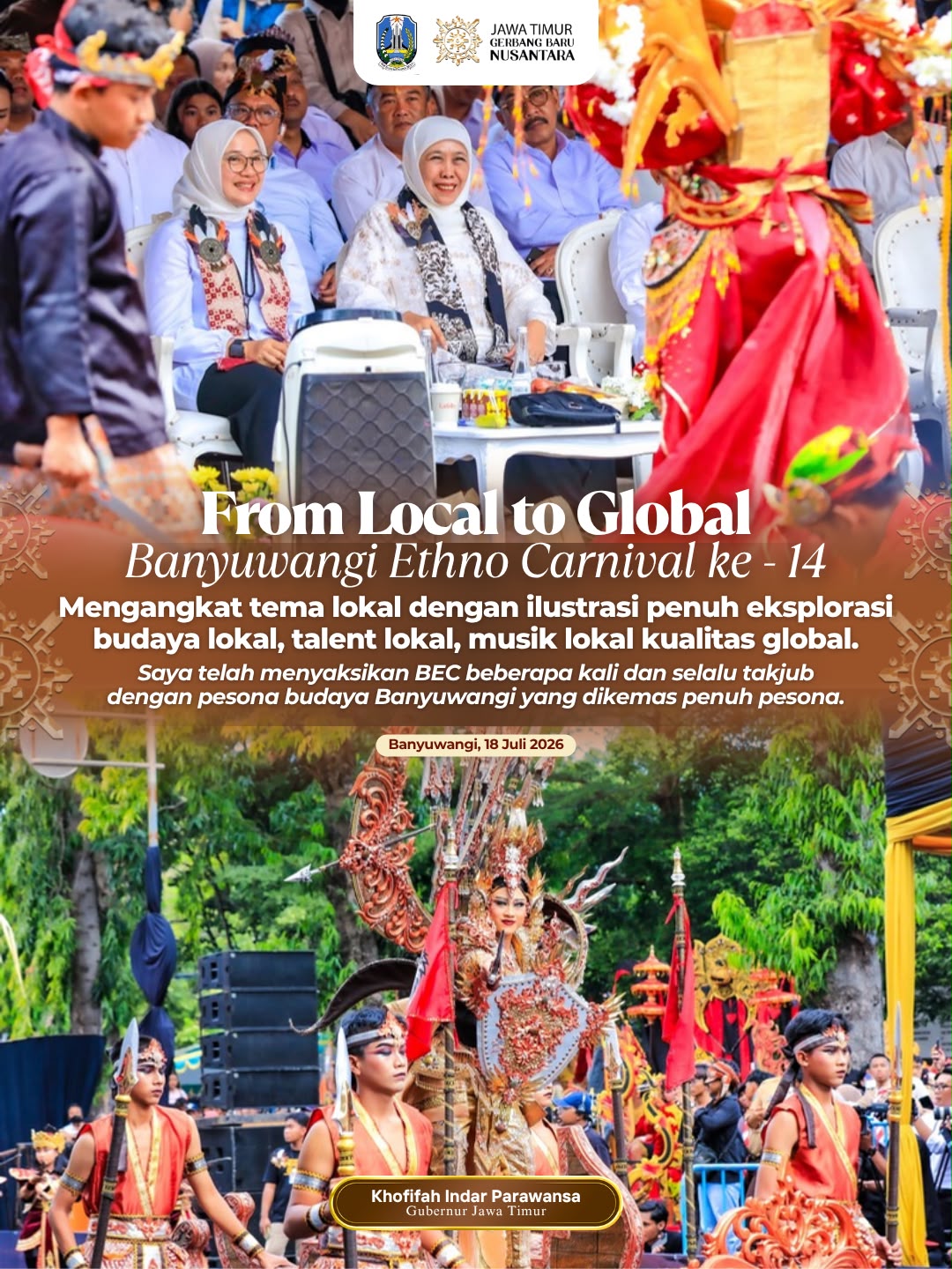 Gubernur Khofifah Apresiasi Banyuwangi Ethno Carnival, Warisan Budaya Didorong Menjadi Kekuatan Ekonomi Kreatif