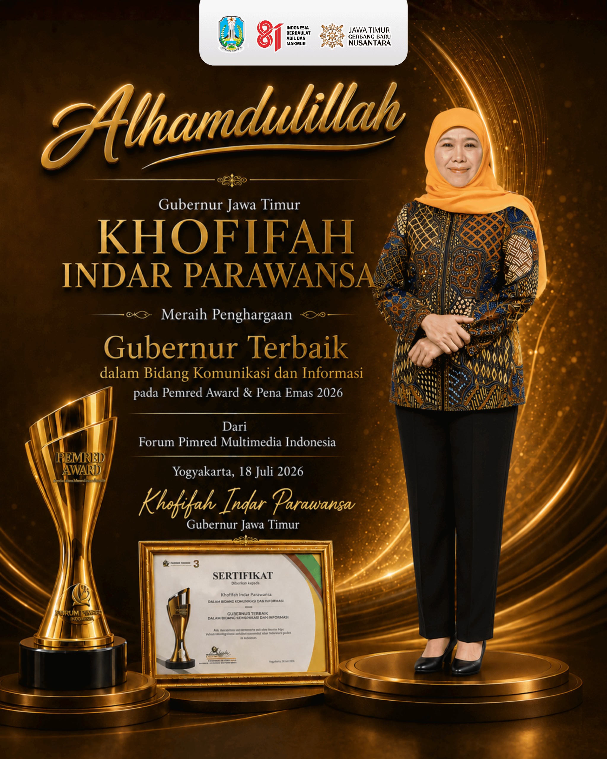 Komitmen Keterbukaan Informasi Berbuah Penghargaan, Gubernur Khofifah Terima Pimred Award 2026